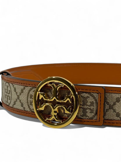🤎 Tory Burch Monogram Canvas & Leather Belt – Signature Logo Buckle (105cm)