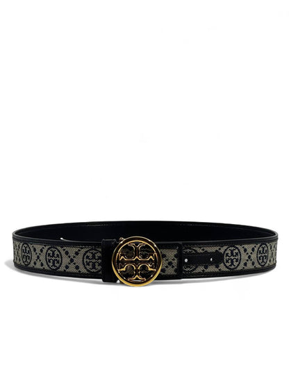 🖤 Tory Burch Monogram Canvas & Black Leather Belt – Gold Logo Buckle (105cm)