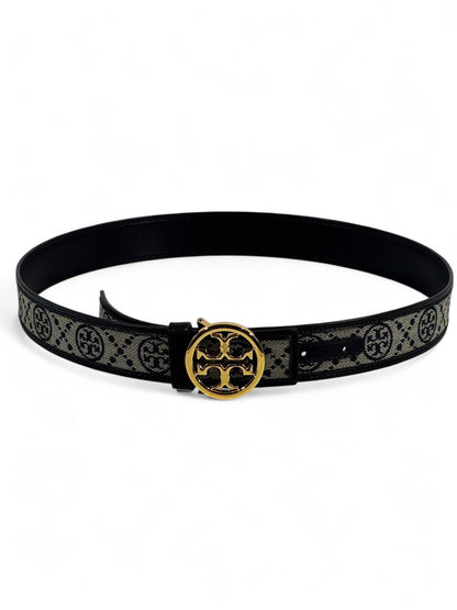 🖤 Tory Burch Monogram Canvas & Black Leather Belt – Gold Logo Buckle (105cm)