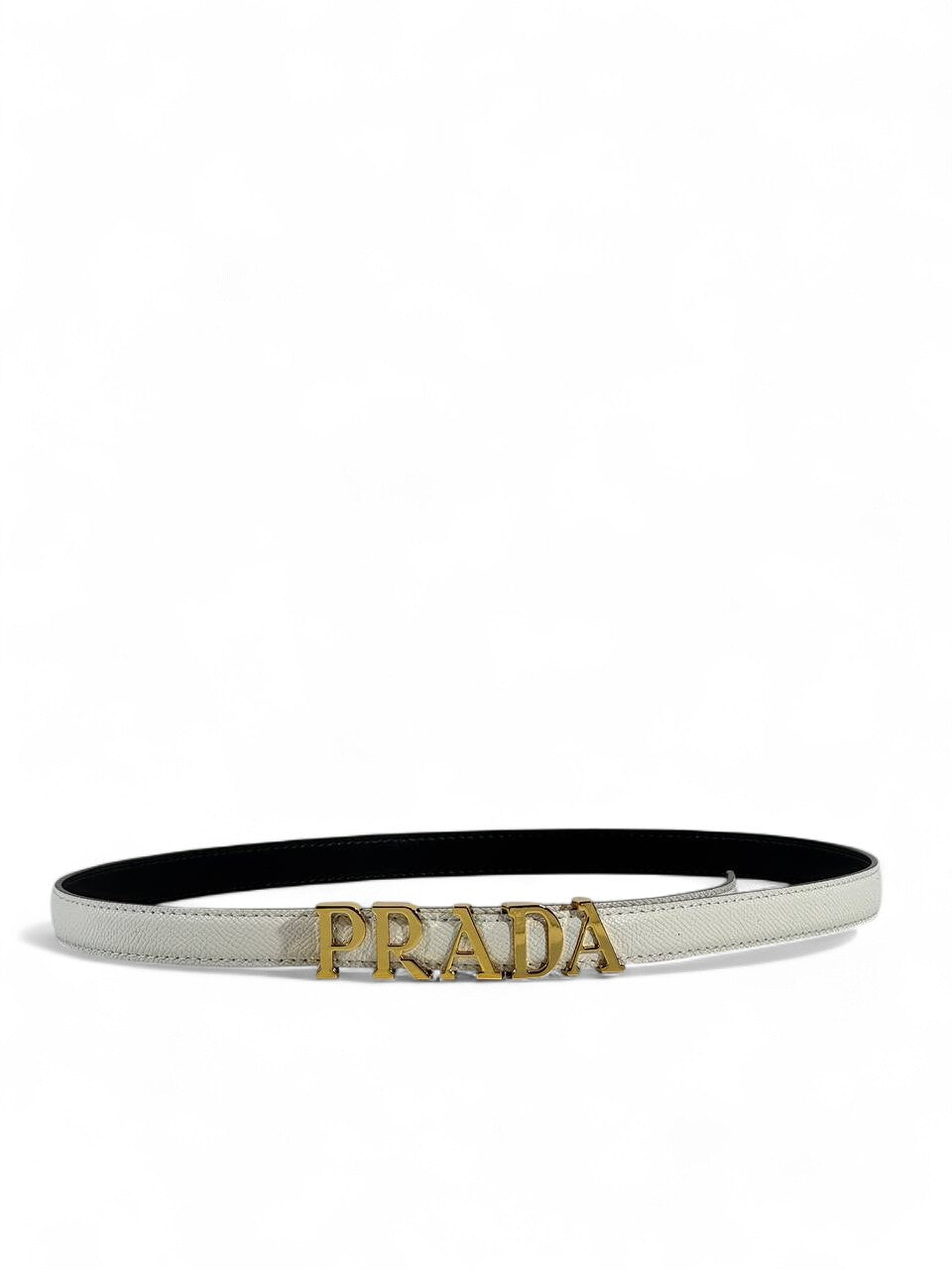 🤍 Prada White Leather Logo Belt – Gold Letter Buckle Luxury Accessory (105cm)