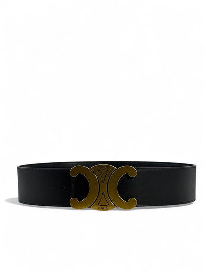 🖤 Celine Paris Black Leather Belt – Gold Triomphe Buckle Luxury (110cm)