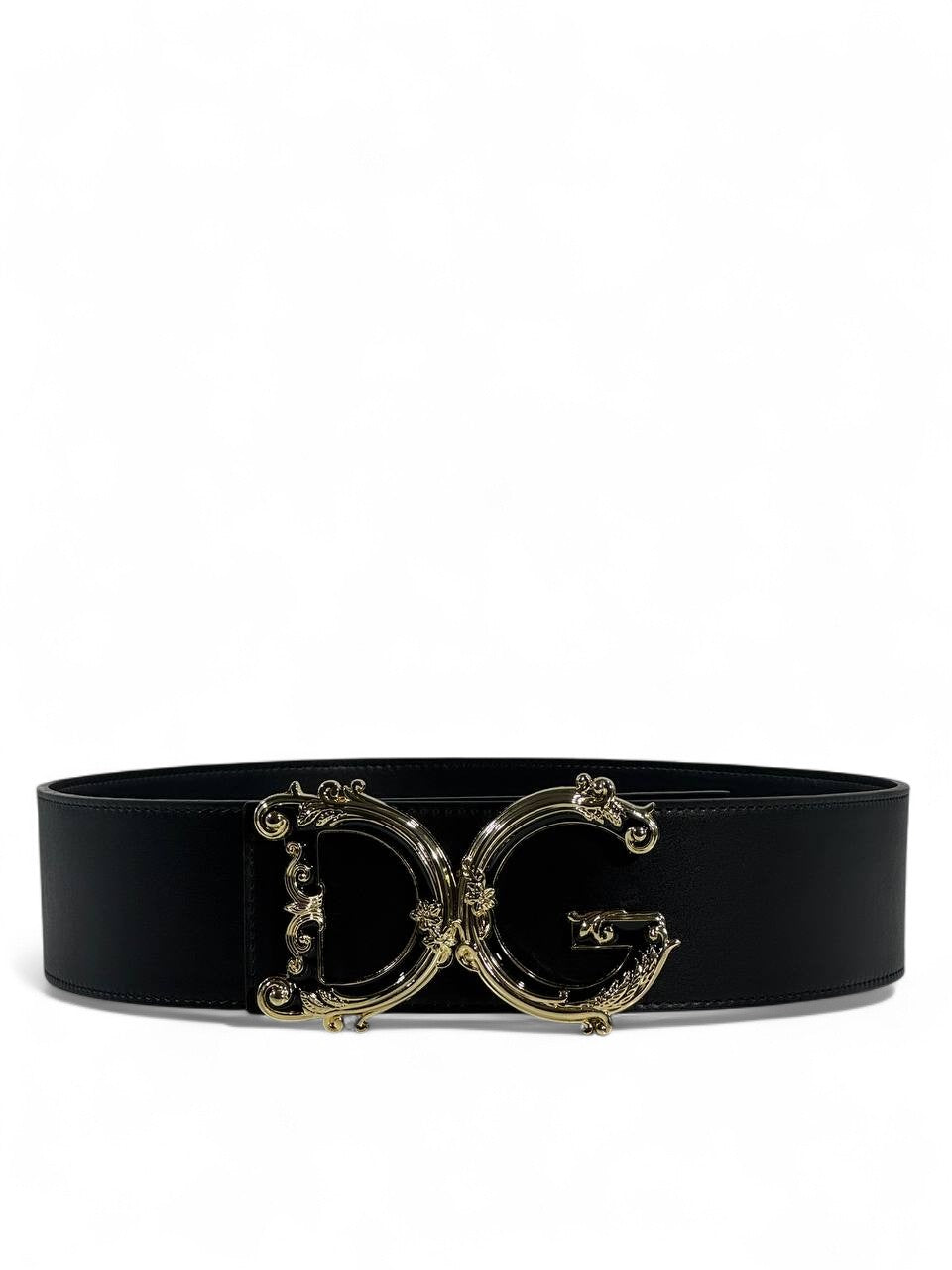🖤 Dolce & Gabbana Black Leather Wide Belt – Ornate DG Gold Buckle (120cm)