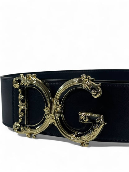 🖤 Dolce & Gabbana Black Leather Wide Belt – Ornate DG Gold Buckle (120cm)