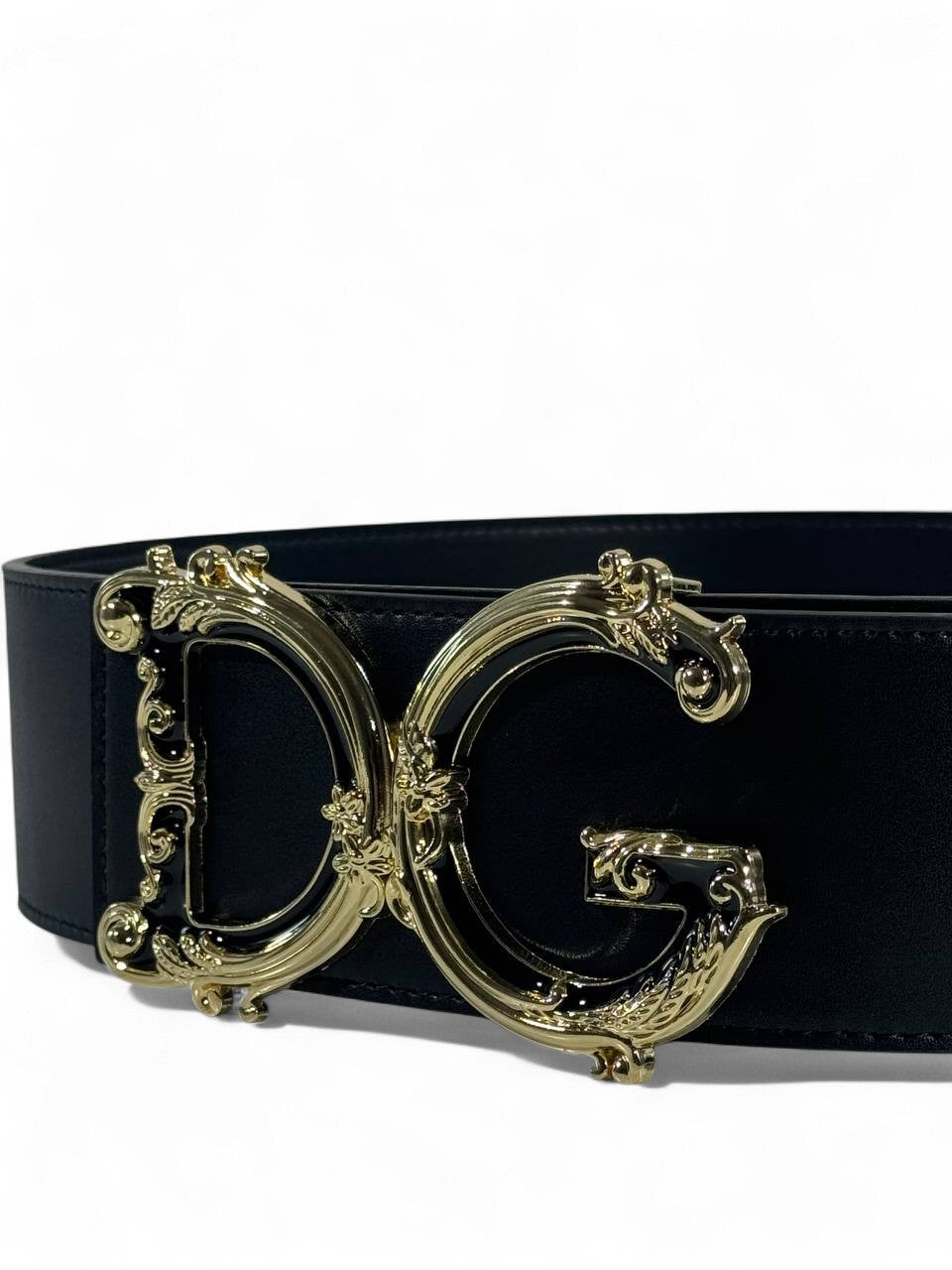 🖤 Dolce & Gabbana Black Leather Wide Belt – Ornate DG Gold Buckle (120cm)