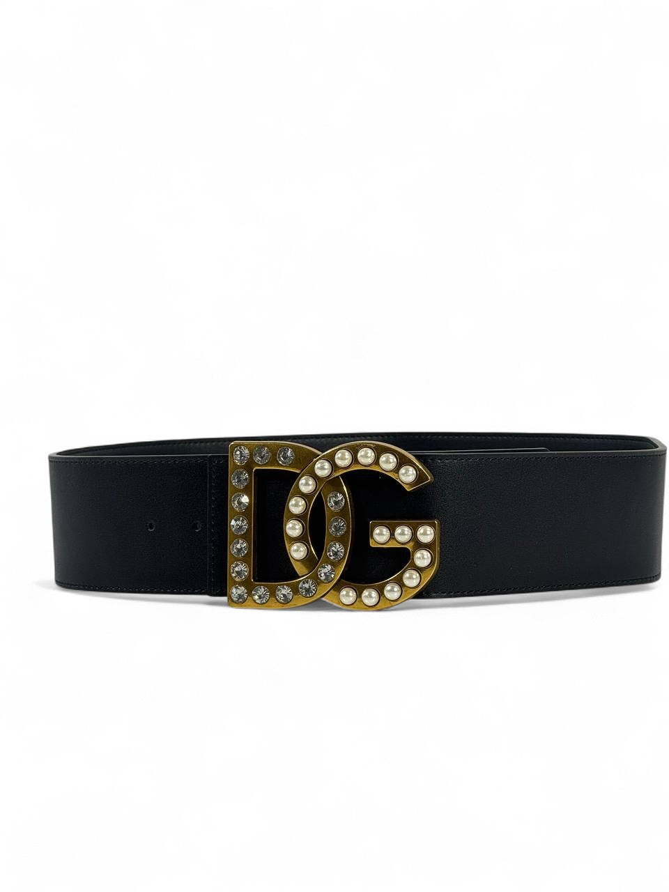 🖤 Dolce & Gabbana Black Leather Belt – DG Pearl & Crystal Gold Buckle (120cm)
