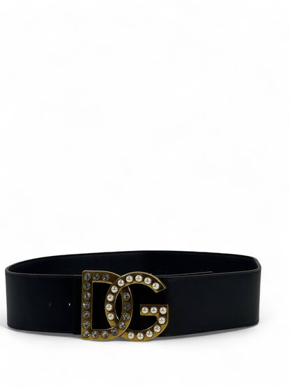🖤 Dolce & Gabbana Black Leather Belt – DG Pearl & Crystal Gold Buckle (120cm)
