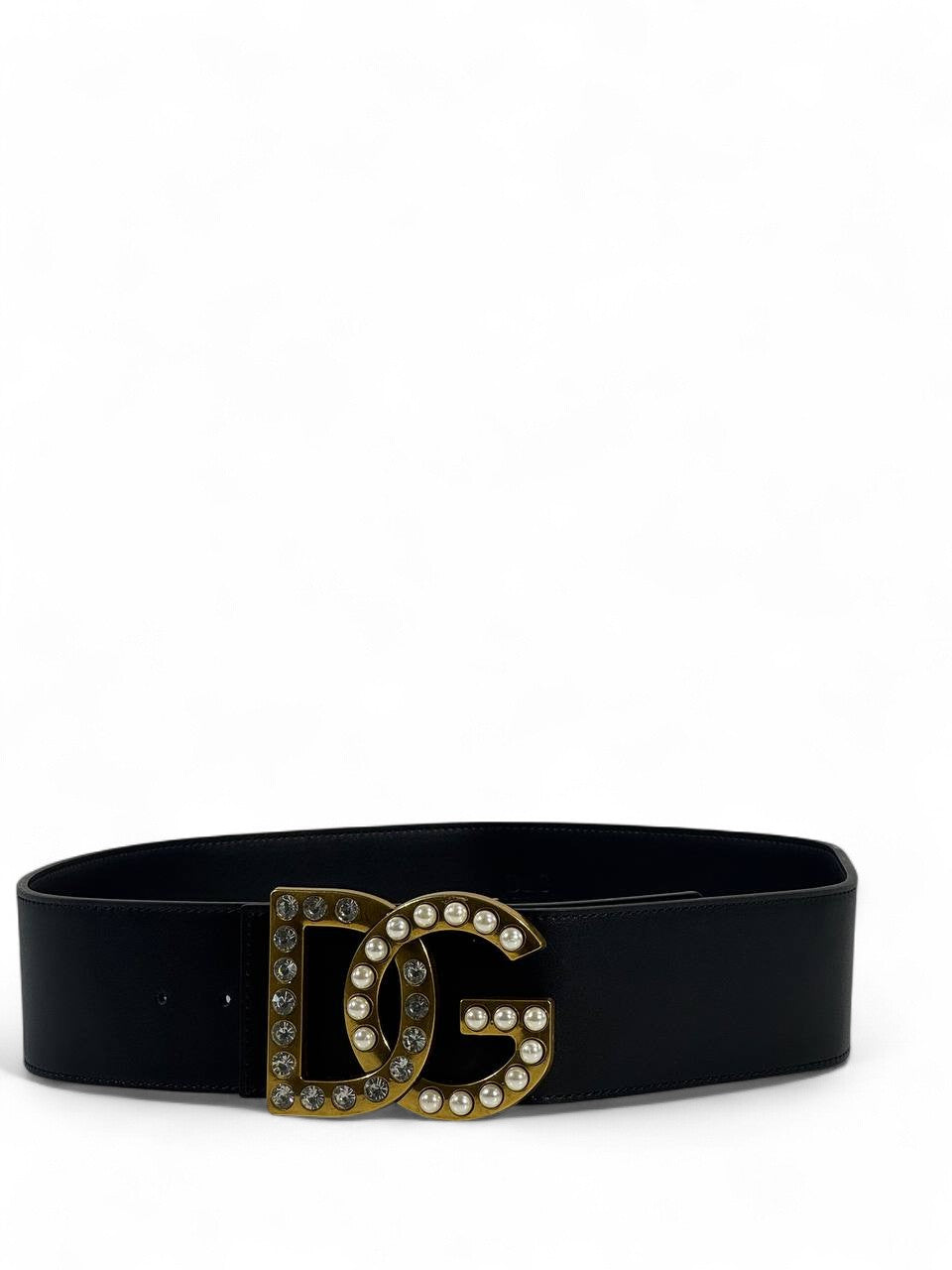 🖤 Dolce & Gabbana Black Leather Belt – DG Pearl & Crystal Gold Buckle (120cm)