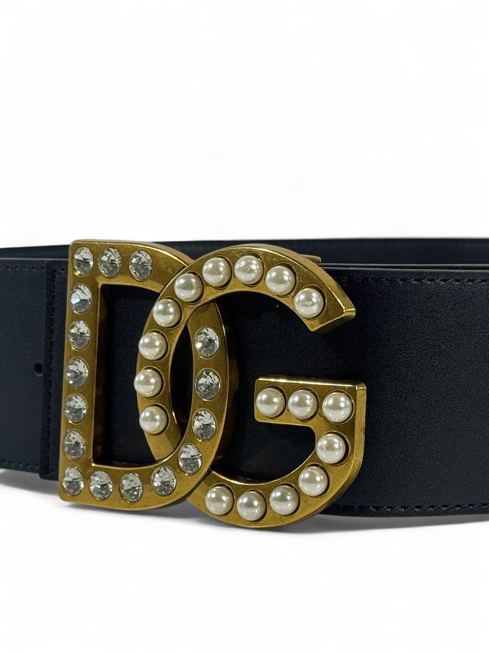 🖤 Dolce & Gabbana Black Leather Belt – DG Pearl & Crystal Gold Buckle (120cm)