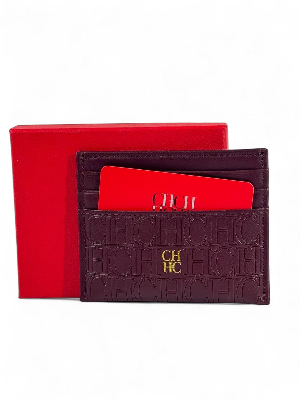 🍷 Carolina Herrera CH Monogram Leather Card Holder – Burgundy with Gold Logo