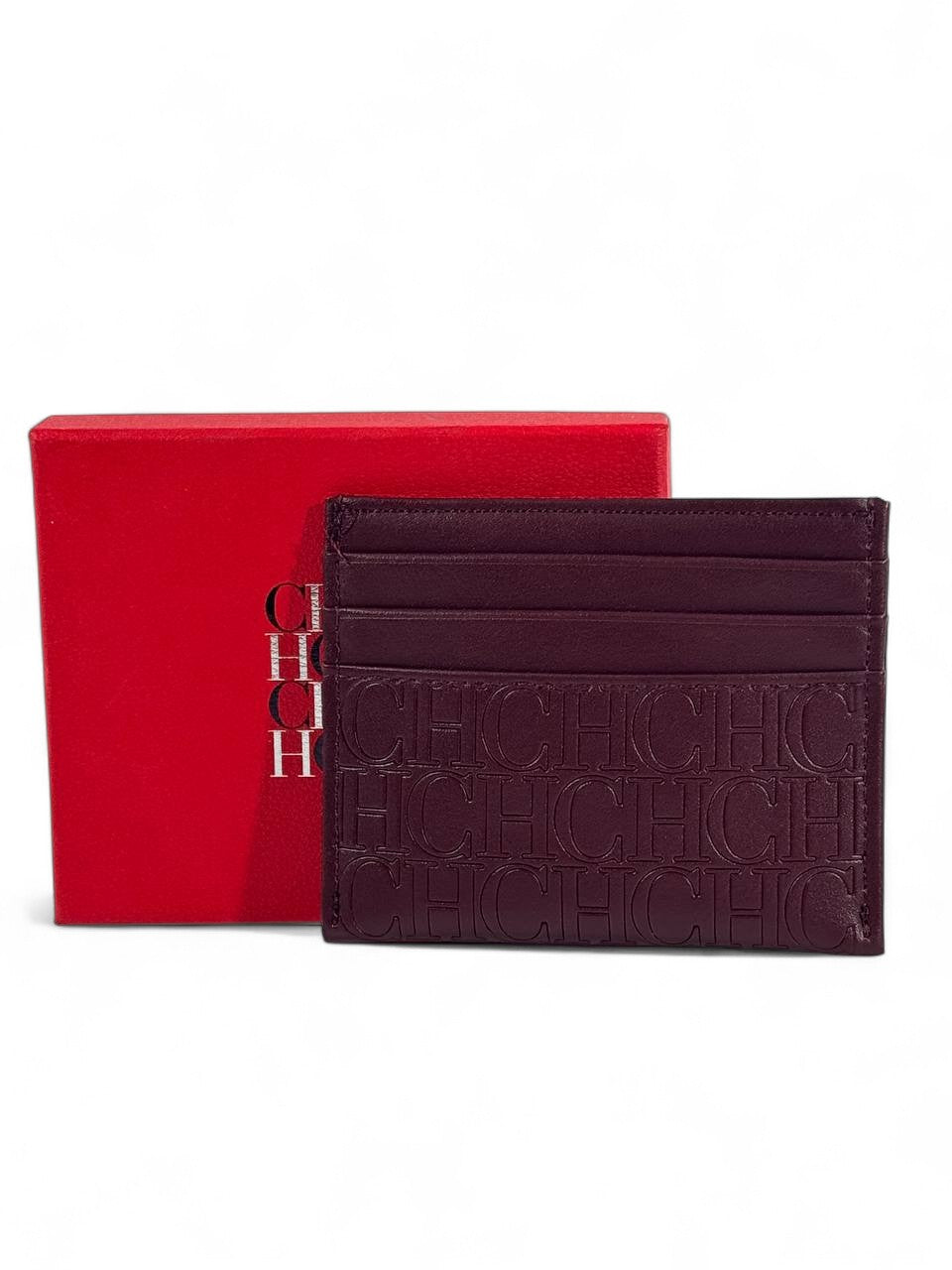 🍷 Carolina Herrera CH Monogram Leather Card Holder – Burgundy with Gold Logo
