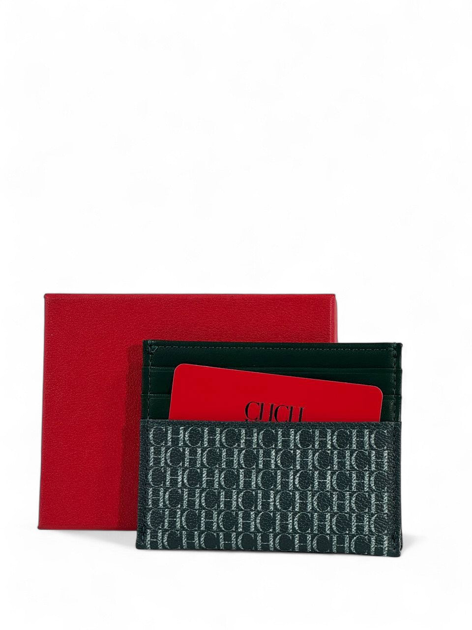 💚 Carolina Herrera CH Monogram Leather Card Holder – Green with Red Gift Box