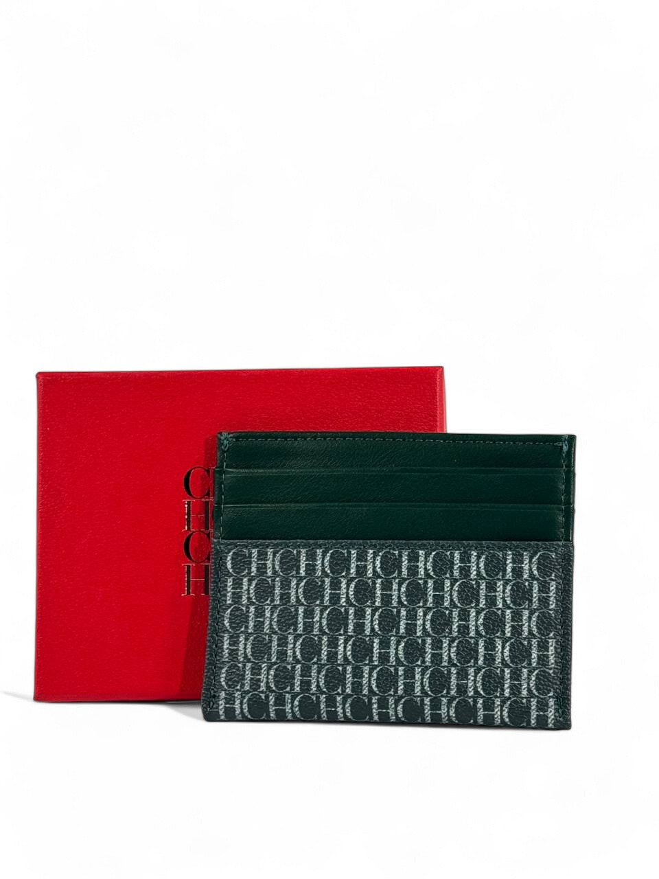 💚 Carolina Herrera CH Monogram Leather Card Holder – Green with Red Gift Box