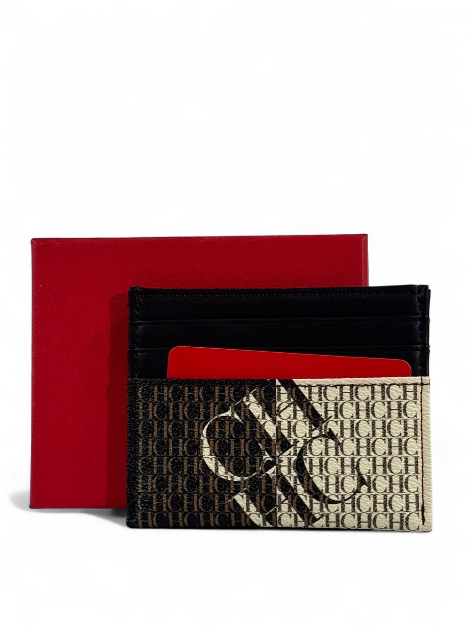 🤎 Carolina Herrera CH Monogram Card Holder – Two-Tone Beige & Brown with Oversized CH Logo