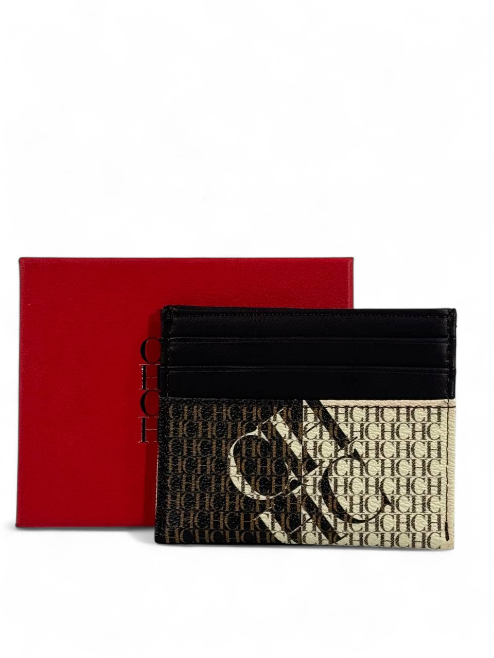 🤎 Carolina Herrera CH Monogram Card Holder – Two-Tone Beige & Brown with Oversized CH Logo