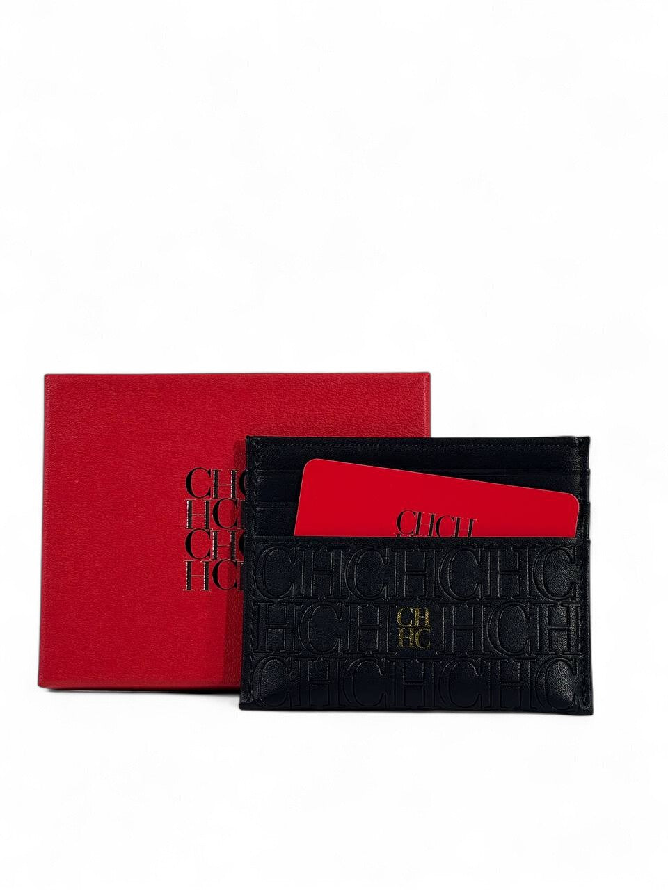 🖤 Carolina Herrera CH Monogram Black Leather Card Holder – Gold Logo with Red Gift Box