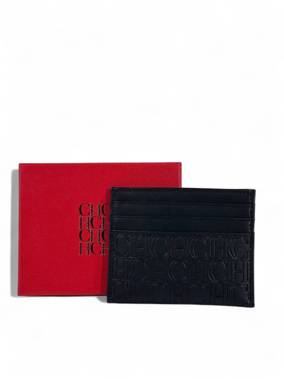 🖤 Carolina Herrera CH Monogram Black Leather Card Holder – Gold Logo with Red Gift Box