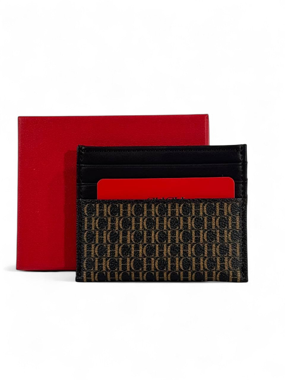 🤎🖤 Carolina Herrera CH Monogram Canvas Card Holder – Brown & Black with Red Gift Box