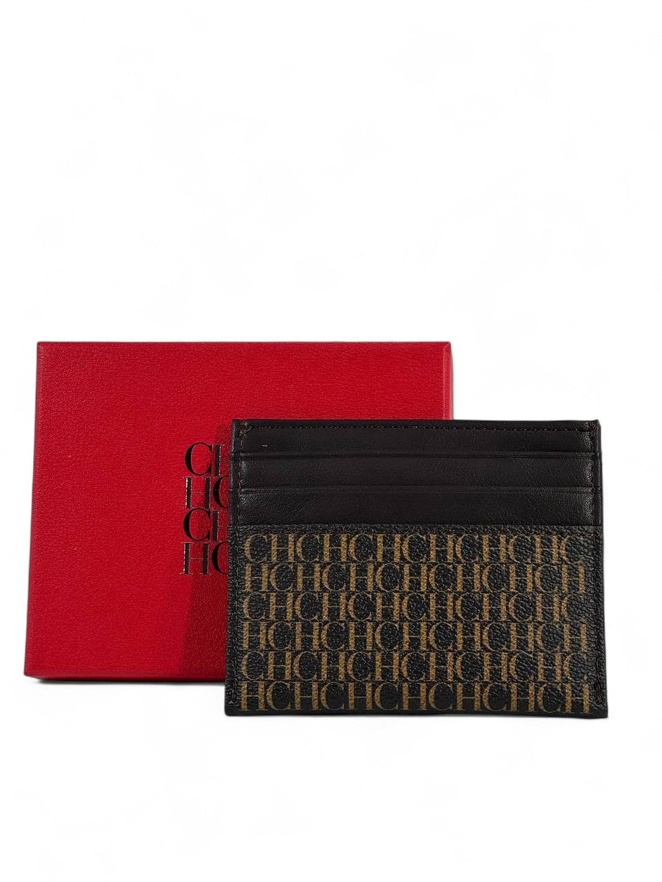 🤎🖤 Carolina Herrera CH Monogram Canvas Card Holder – Brown & Black with Red Gift Box