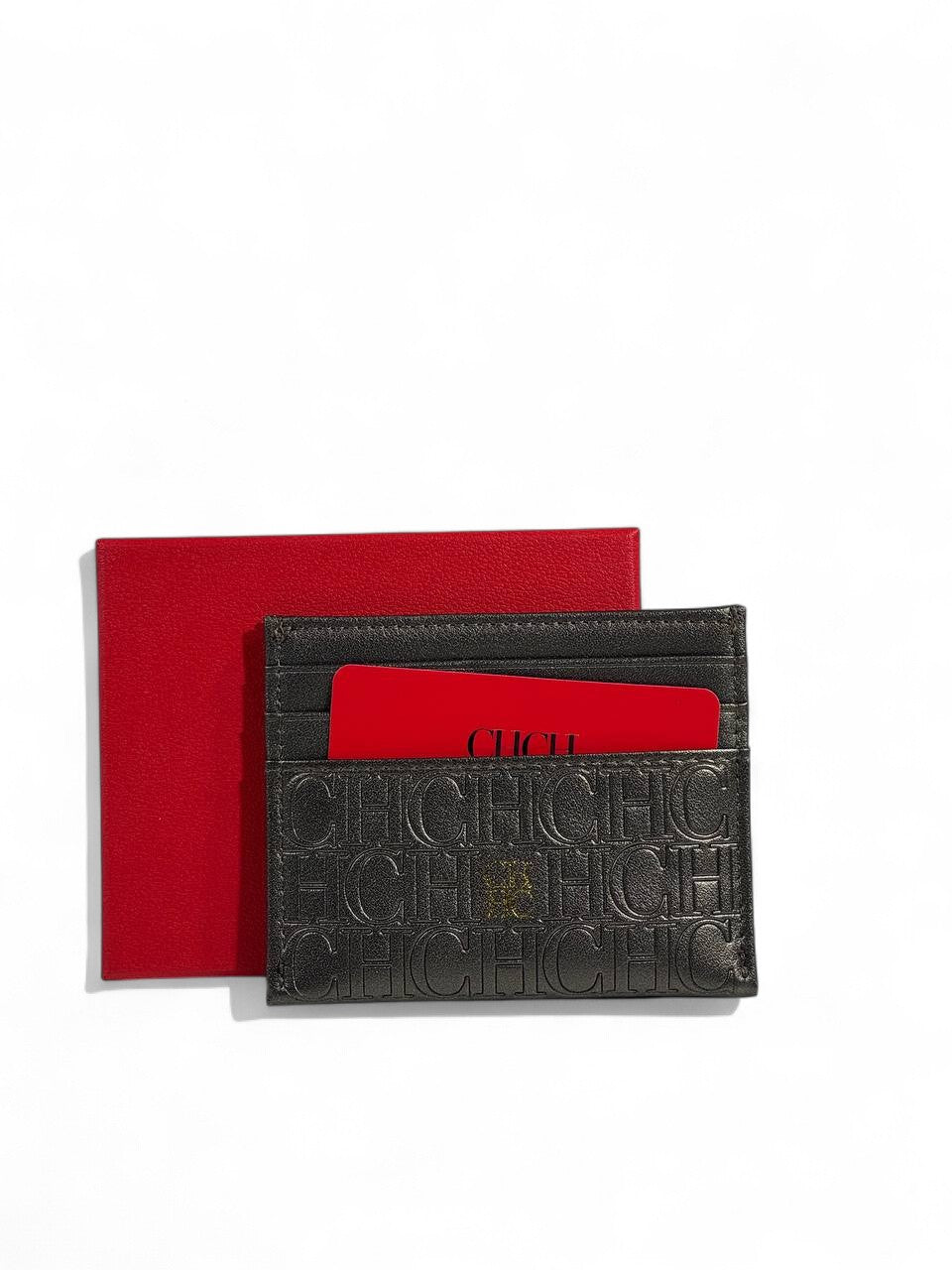 🤎 Carolina Herrera CH Monogram Bronze Leather Card Holder – Gold Logo with Red Gift Box