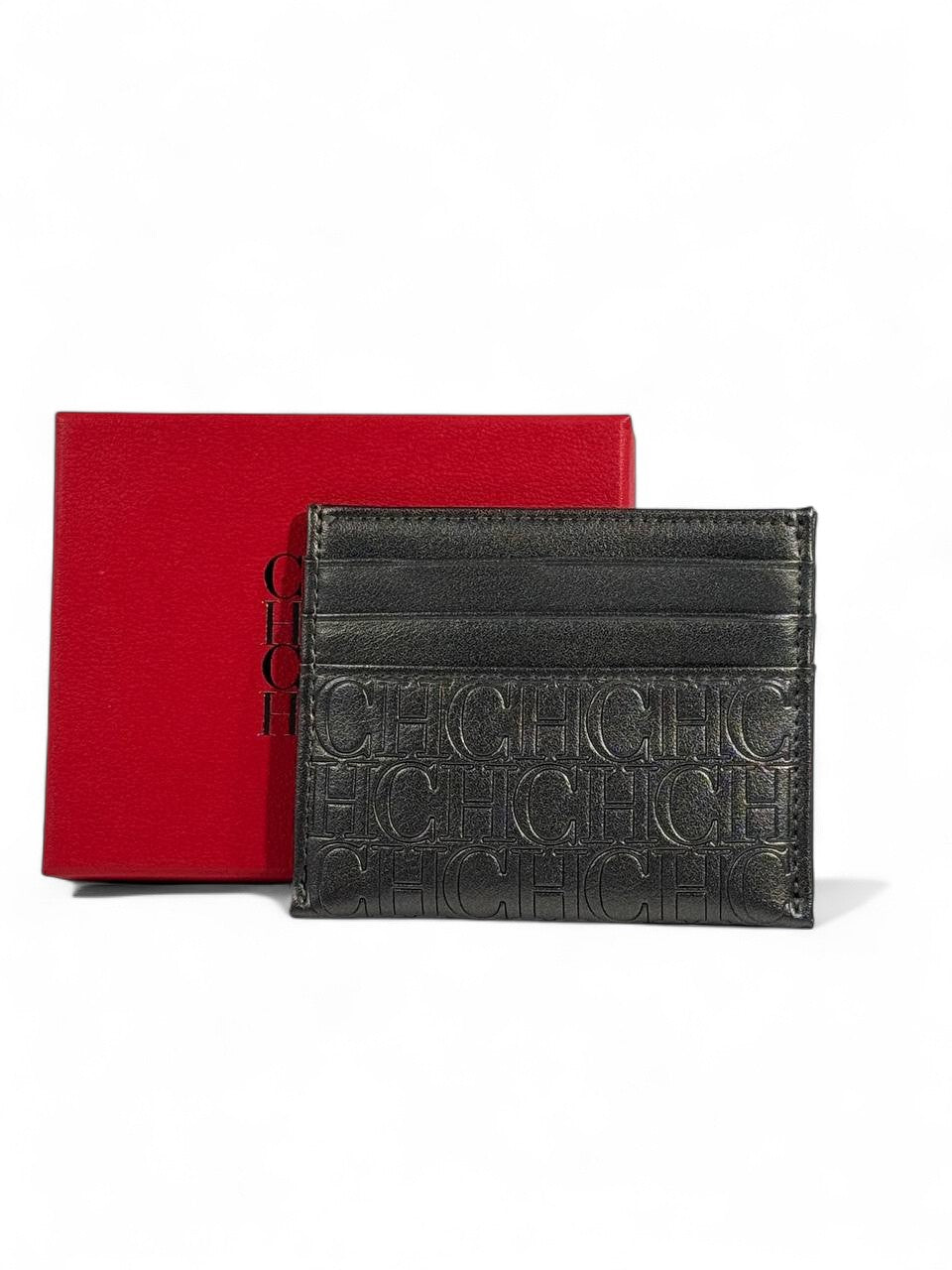 🤎 Carolina Herrera CH Monogram Bronze Leather Card Holder – Gold Logo with Red Gift Box