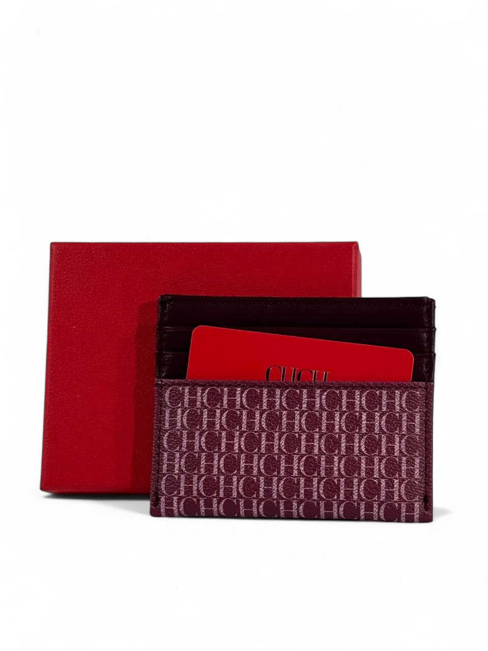 🍷 Carolina Herrera CH Monogram Burgundy Canvas Card Holder – Red Gift Box