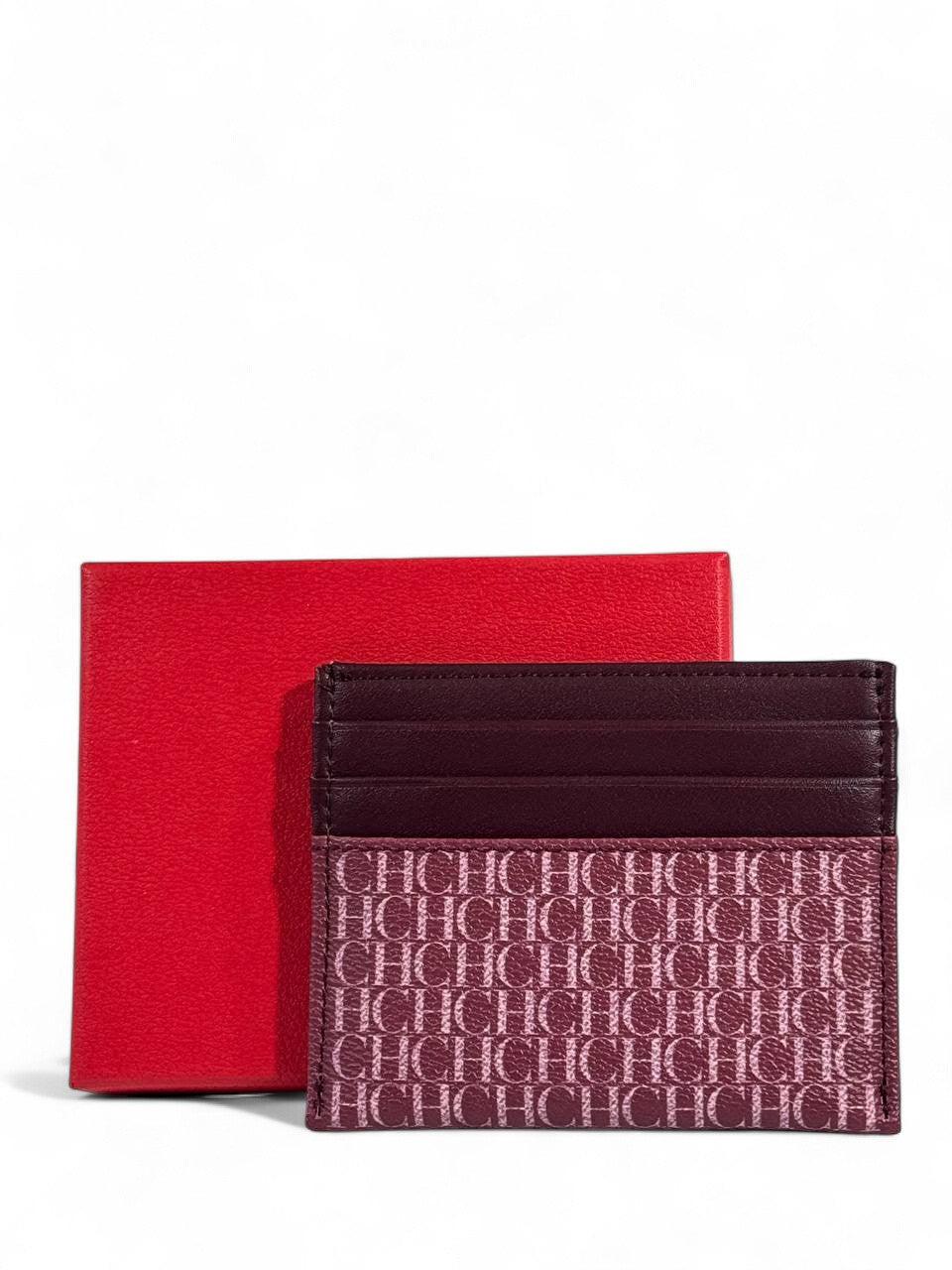 🍷 Carolina Herrera CH Monogram Burgundy Canvas Card Holder – Red Gift Box