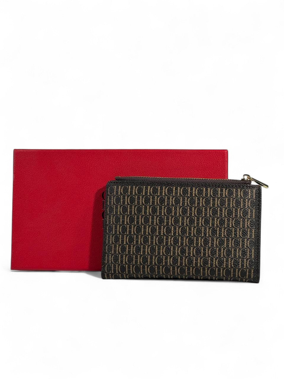 🖤 Carolina Herrera CH Compact Wallet with Zip & Card Slots – Brown with Red Gift Box