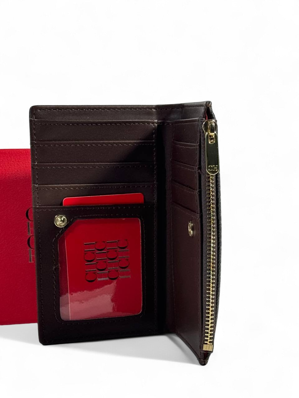 🖤 Carolina Herrera CH Compact Wallet with Zip & Card Slots – Brown with Red Gift Box