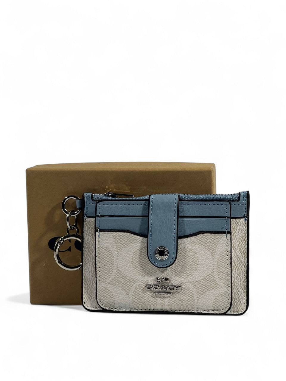💙 Coach Signature Canvas & Leather Keychain Wallet – Beige & Blue