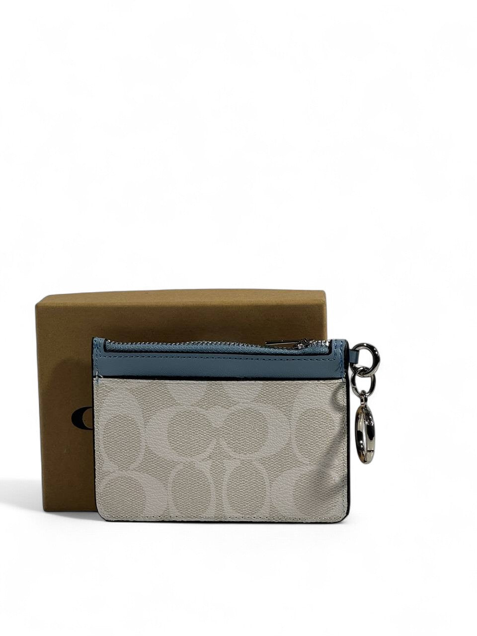 💙 Coach Signature Canvas & Leather Keychain Wallet – Beige & Blue
