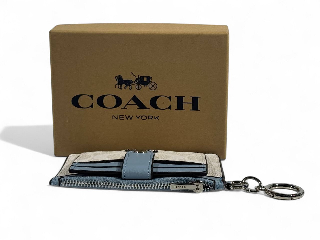 💙 Coach Signature Canvas & Leather Keychain Wallet – Beige & Blue