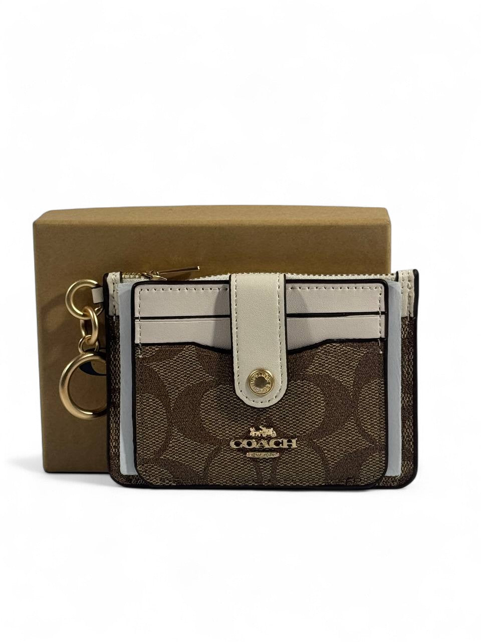 🤎 Coach Signature Canvas & Leather Keychain Wallet – Brown & Cream