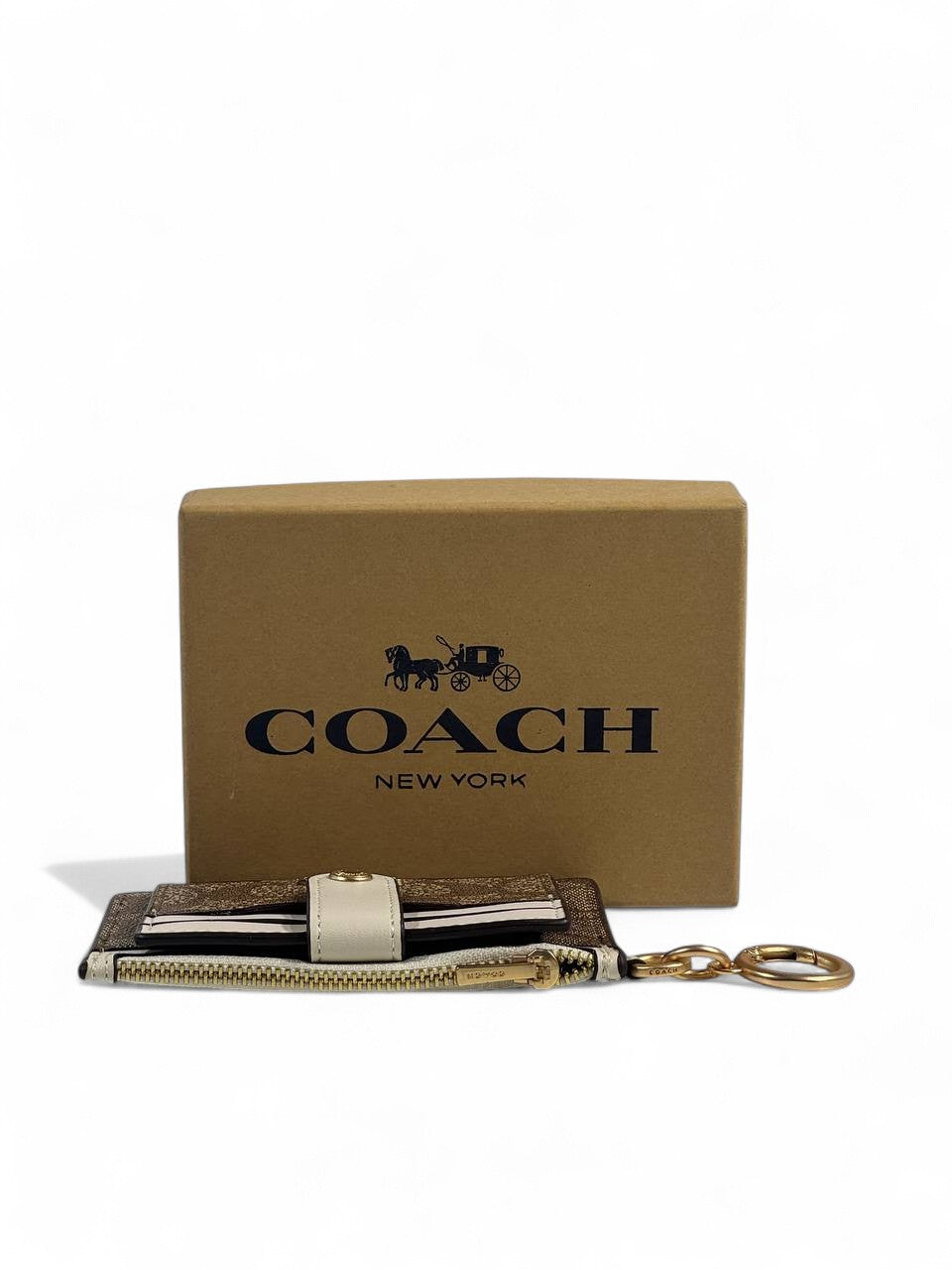 🤎 Coach Signature Canvas & Leather Keychain Wallet – Brown & Cream