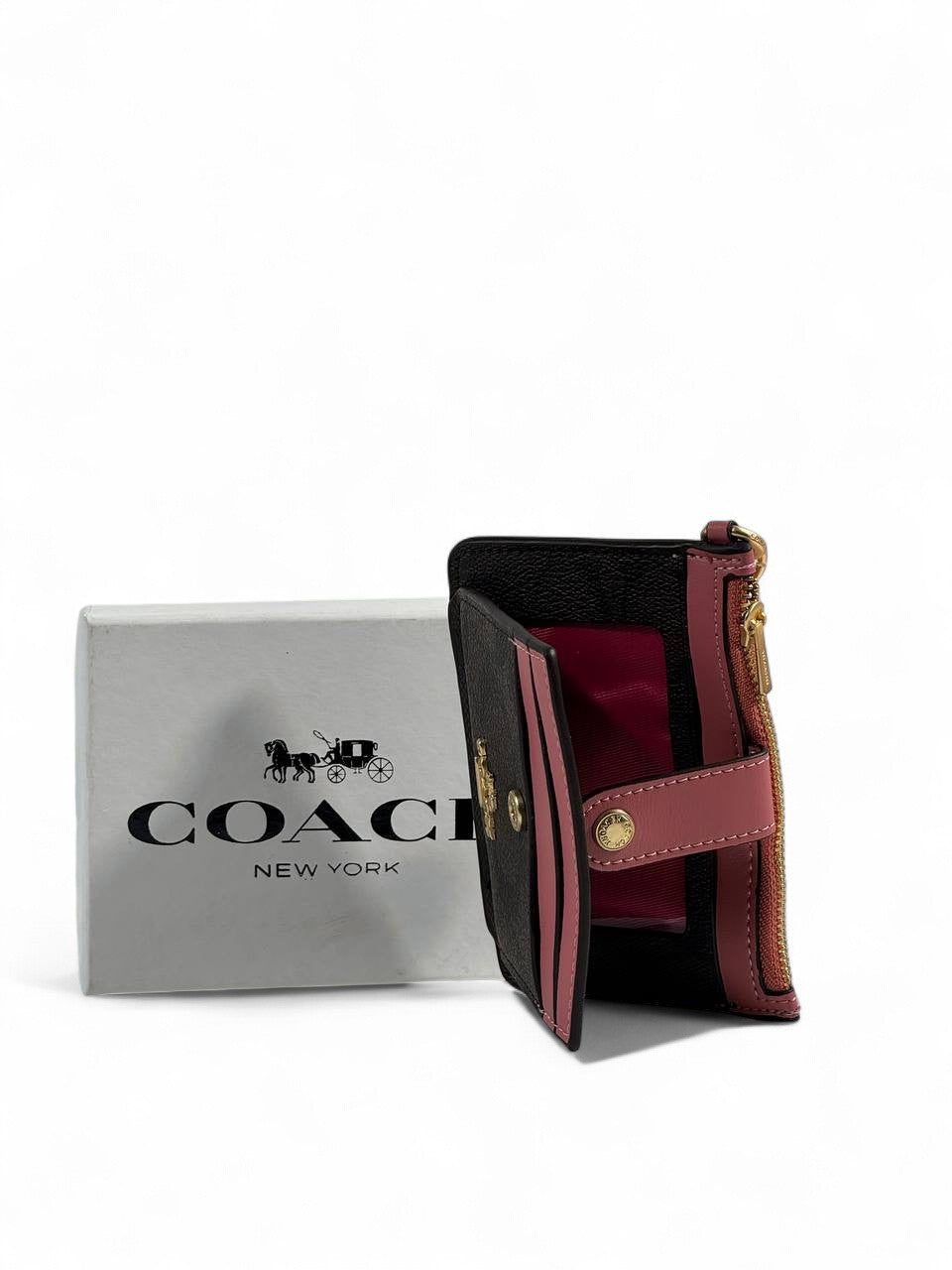 🖤💗 Coach Signature Canvas & Leather Keychain Wallet – Black & Pink