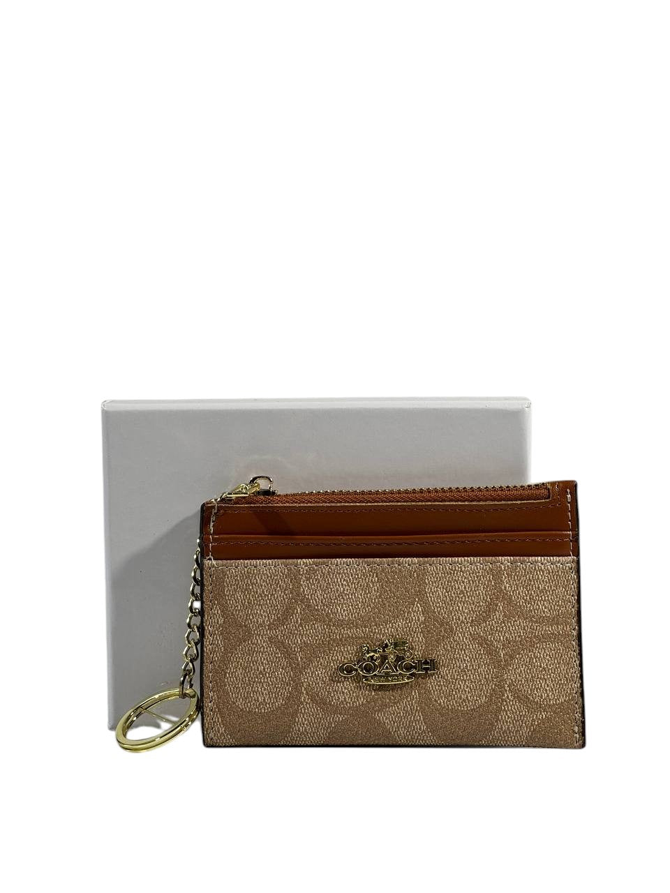 🤎 Coach Signature Canvas Keychain Zip Wallet – Beige & Tan