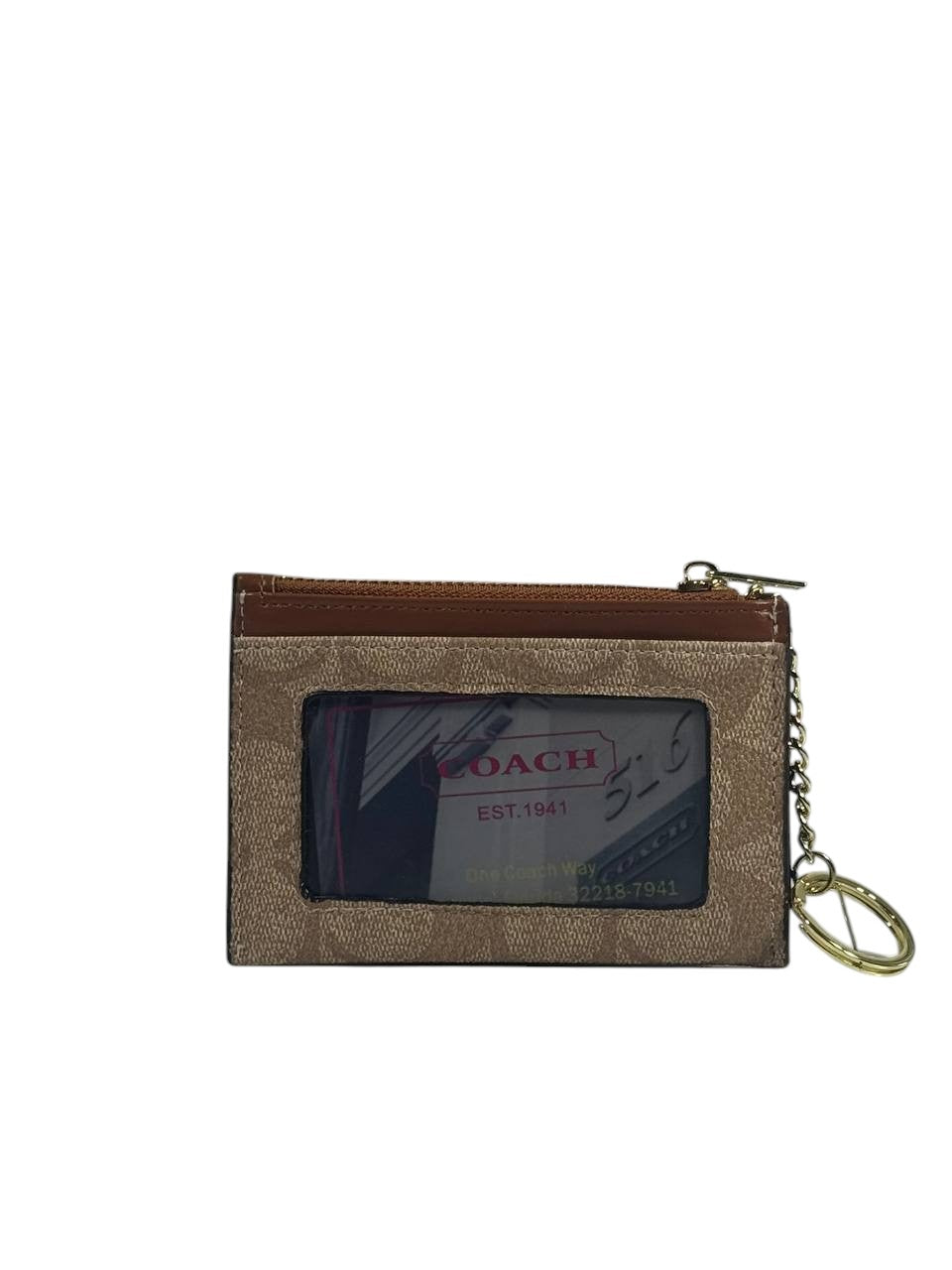 🤎 Coach Signature Canvas Keychain Zip Wallet – Beige & Tan