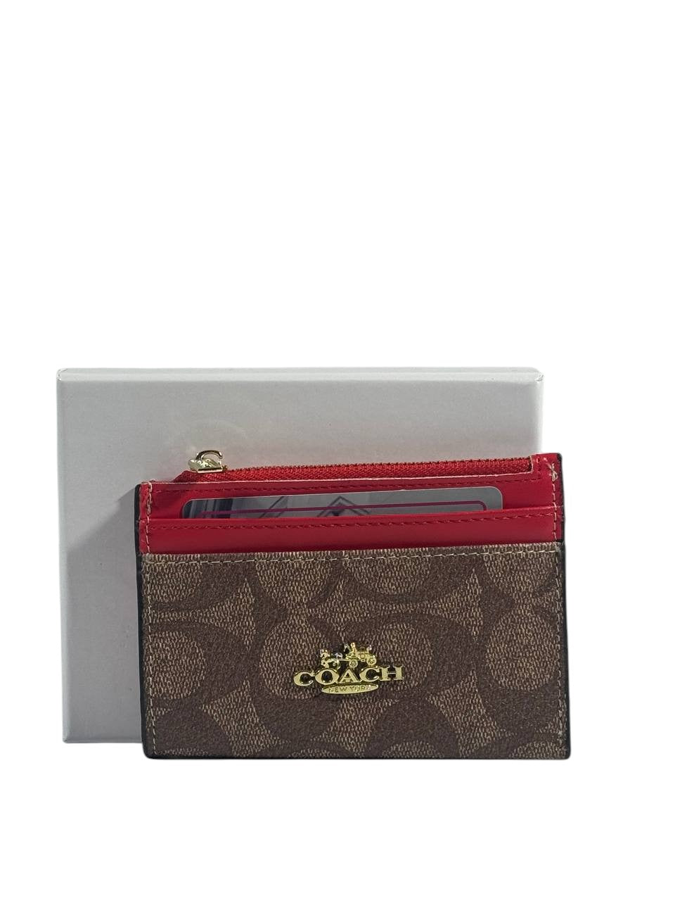 ❤️ Coach Signature Slim Cardholder – Brown & Red Trim