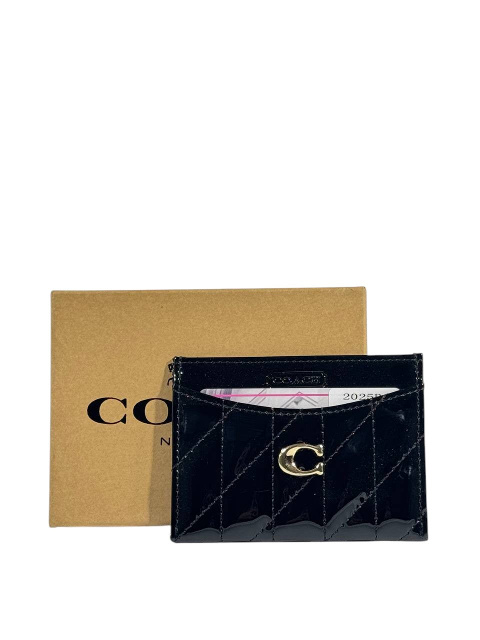 🖤 Coach Quilted Glossy Black Card Holder – Gold "C" Emblem