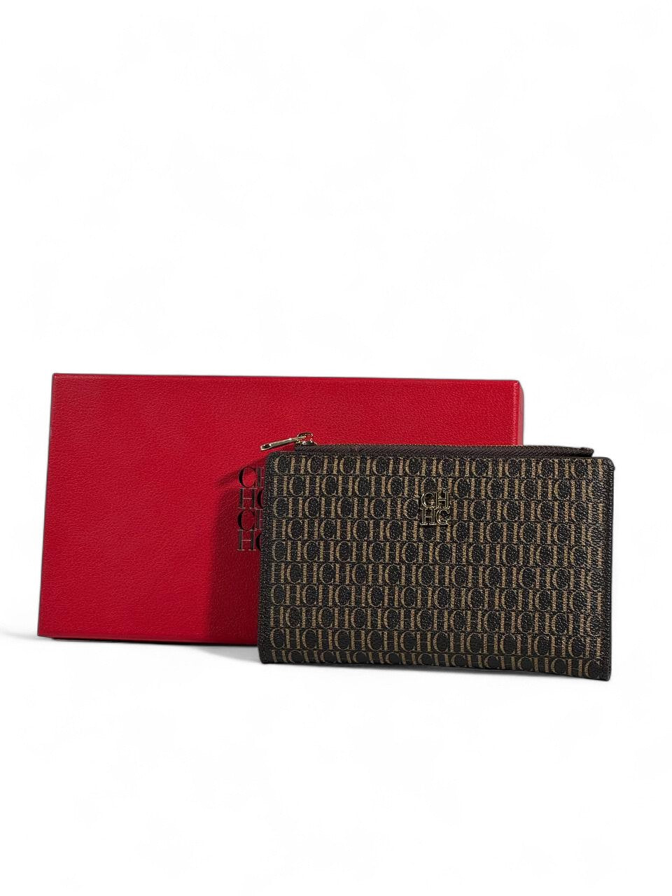 🖤 Carolina Herrera CH Compact Wallet with Zip & Card Slots – Brown with Red Gift Box