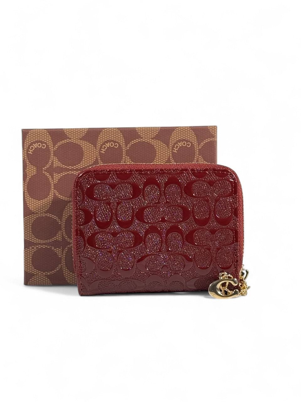 🍷 Coach Burgundy Patent Leather Zip Wallet – Embossed Signature "C"