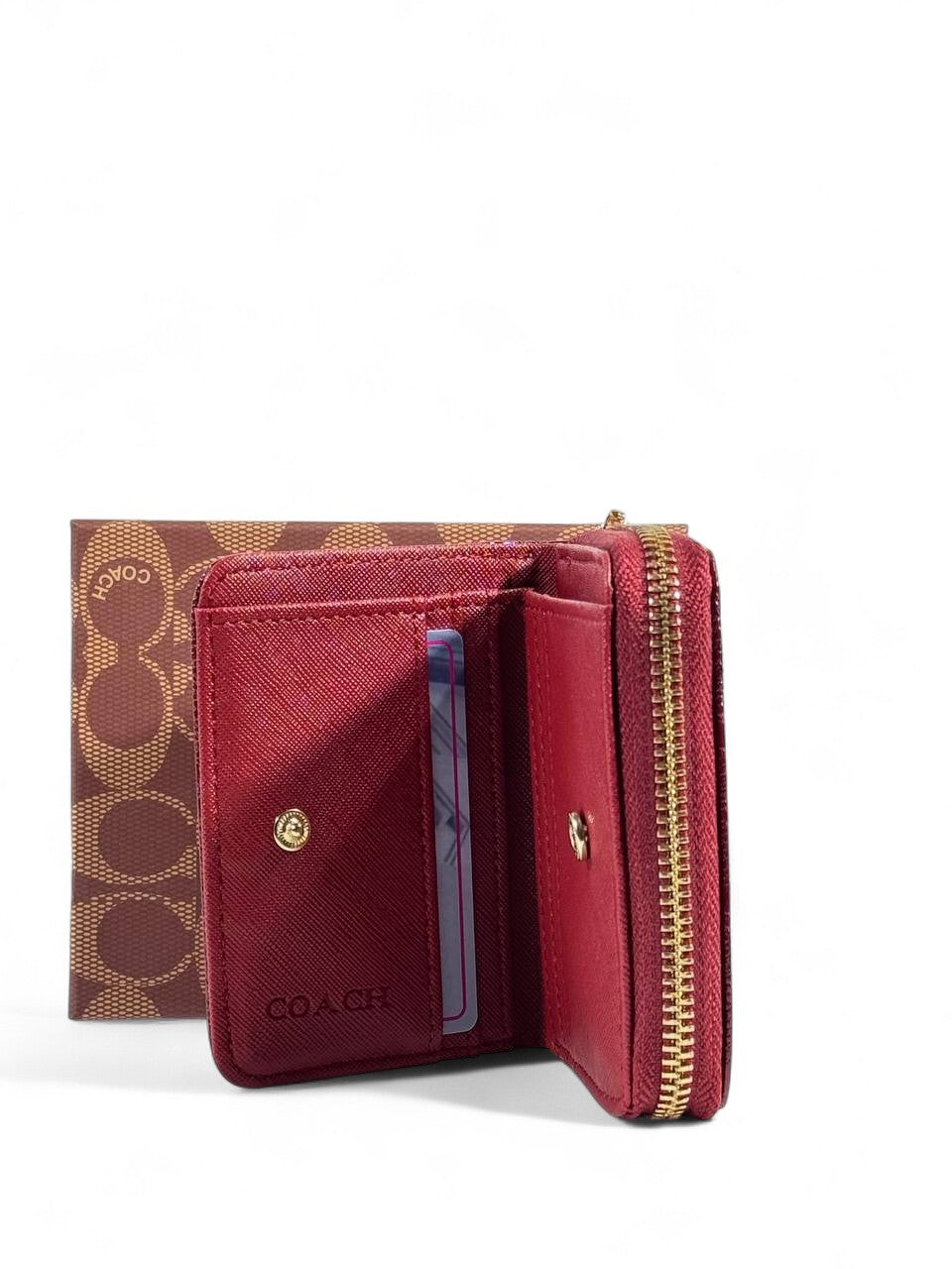 🍷 Coach Burgundy Patent Leather Zip Wallet – Embossed Signature "C"