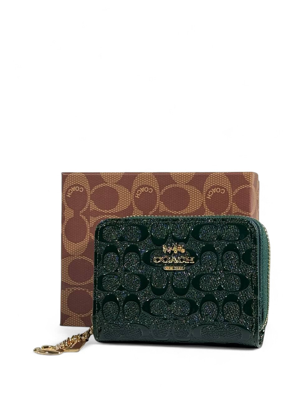 💚 Coach Green Glitter Patent Leather Zip Wallet – Limited Edition Sparkle