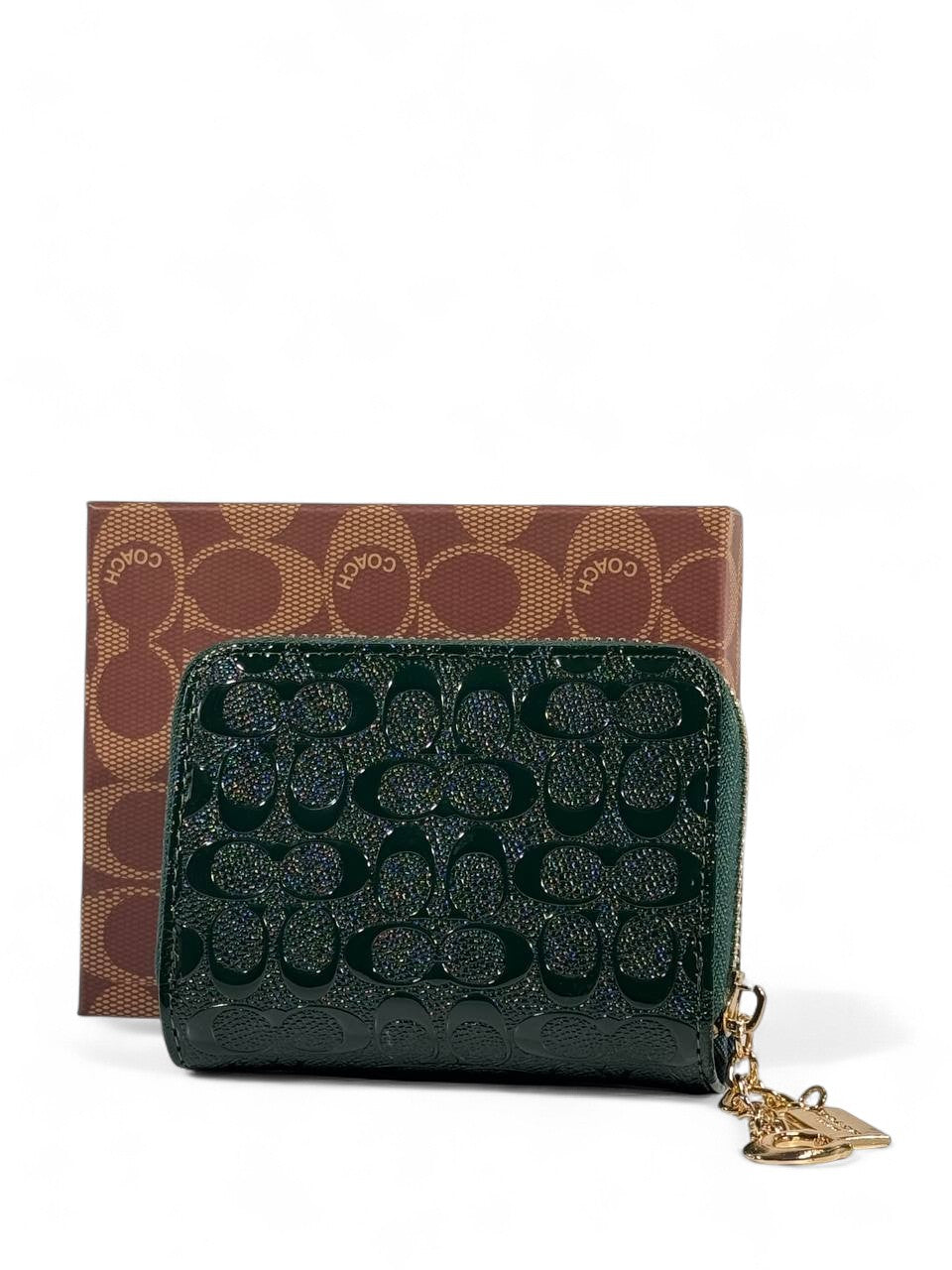 💚 Coach Green Glitter Patent Leather Zip Wallet – Limited Edition Sparkle