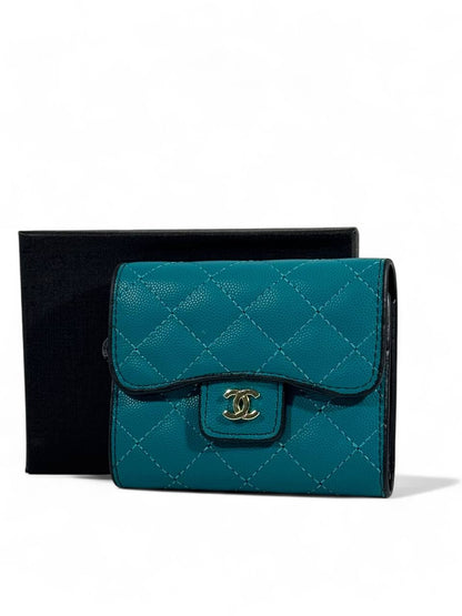 🌊 Chanel Quilted Teal Caviar Leather Wallet – Rare Elegance