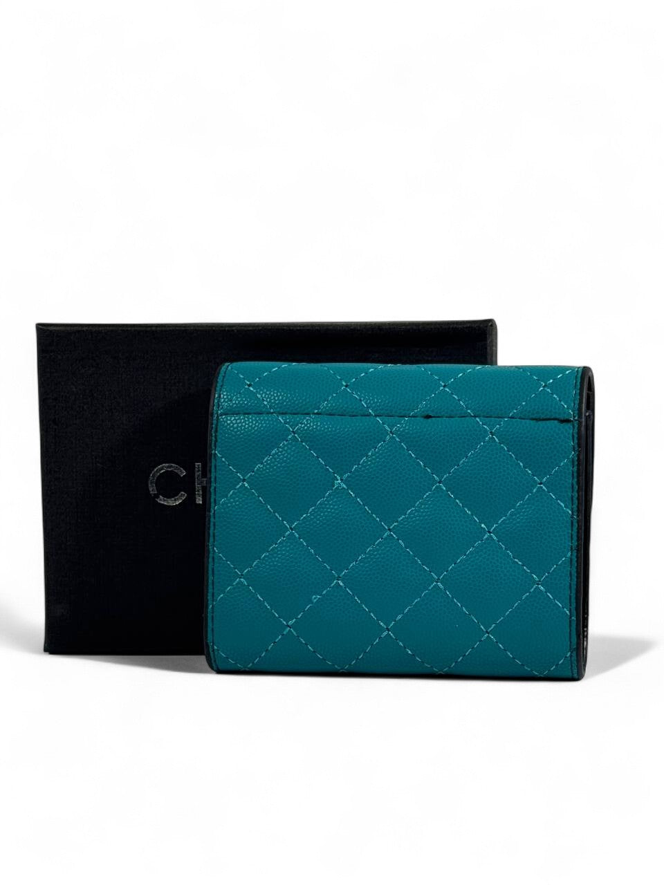 🌊 Chanel Quilted Teal Caviar Leather Wallet – Rare Elegance