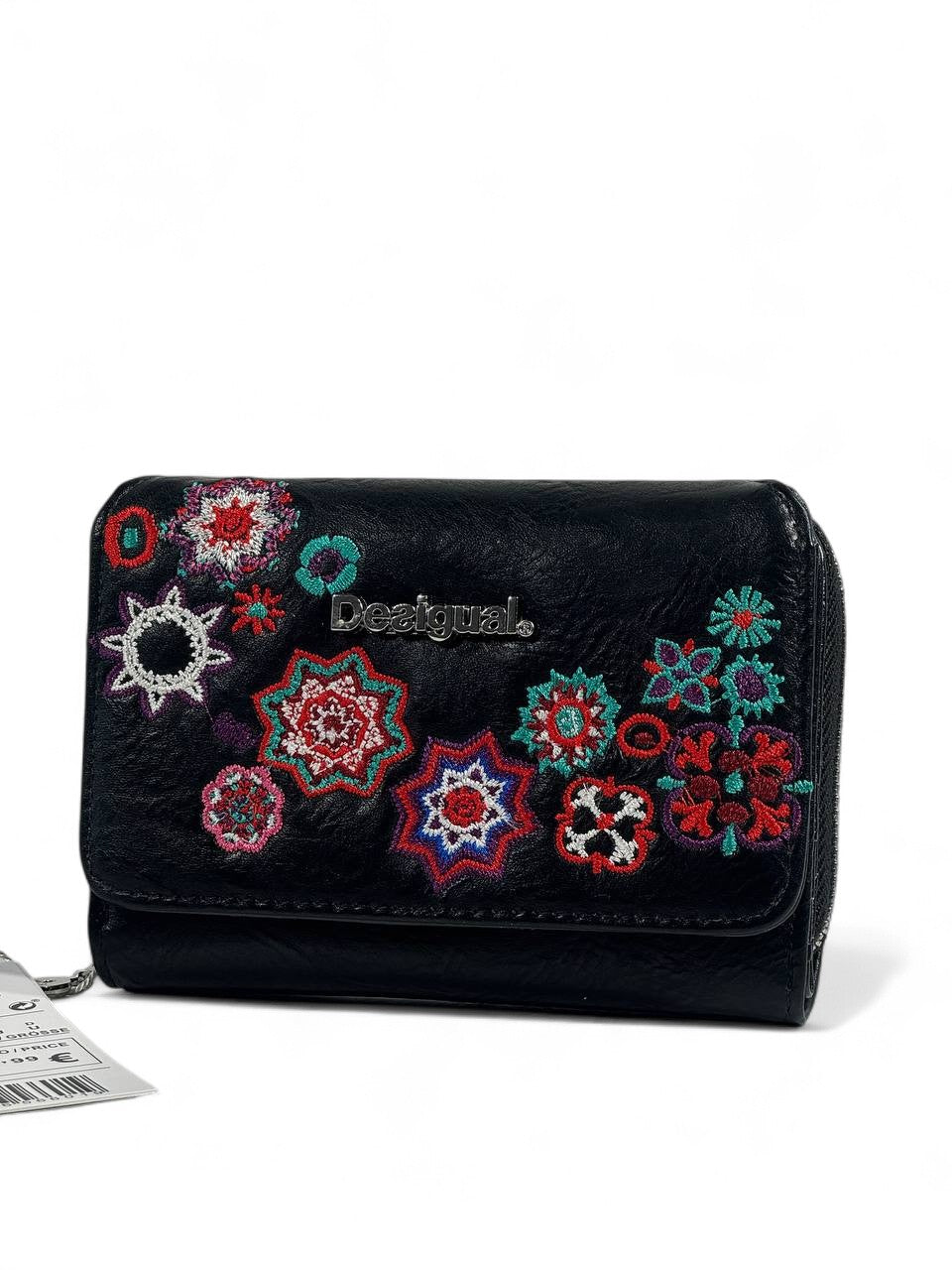 🎨 Desigual Black Embroidered Floral Wallet – Boho Chic & Artistic