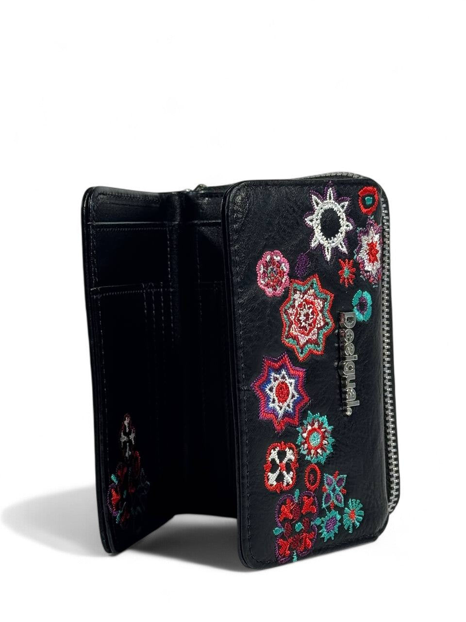 🎨 Desigual Black Embroidered Floral Wallet – Boho Chic & Artistic