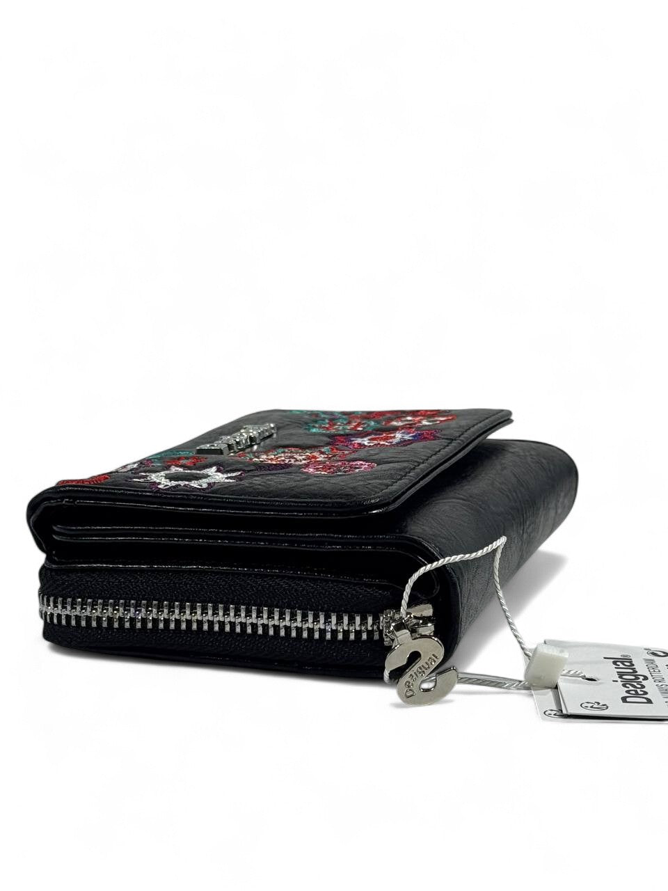 🎨 Desigual Black Embroidered Floral Wallet – Boho Chic & Artistic