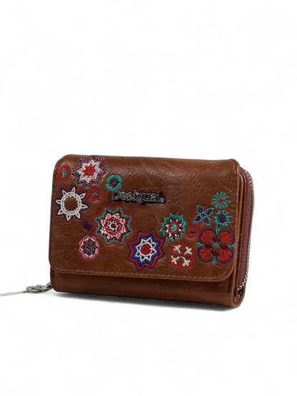🌿 Desigual Brown Embroidered Floral Wallet – Earthy Boho Elegance
