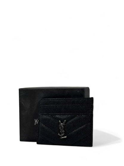 🖤 YSL Black Leather Card Holder – Silver Monogram Edition